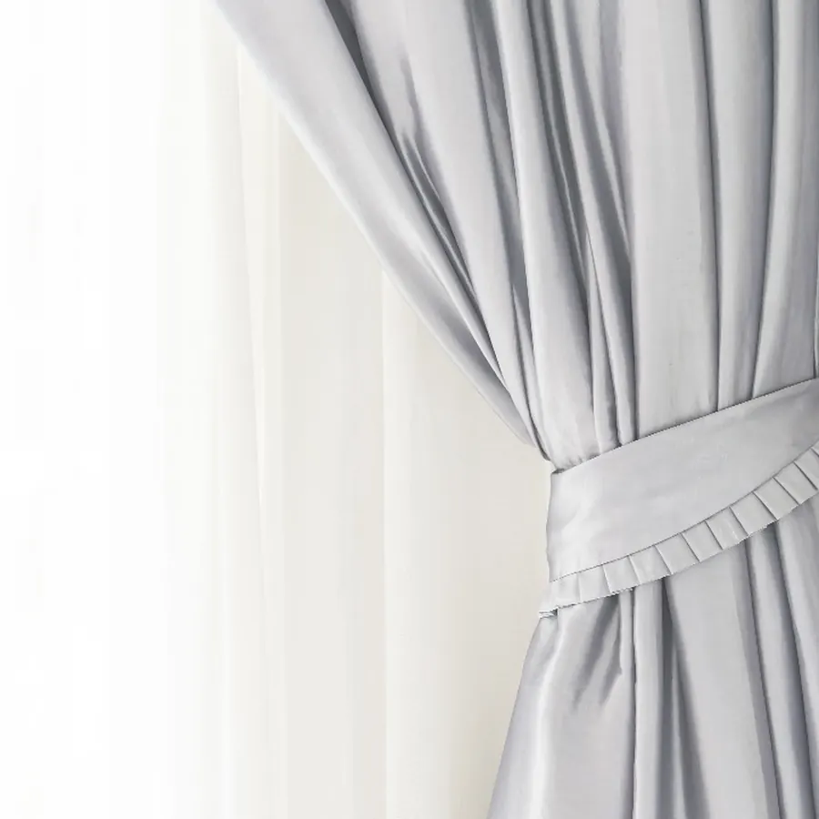 Grey curtain with pleated tie-back, custom S-fold curtains Singapore