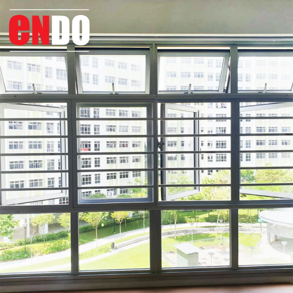 Aluminium casement sliding window grilles installed in an HDB flat in Singapore