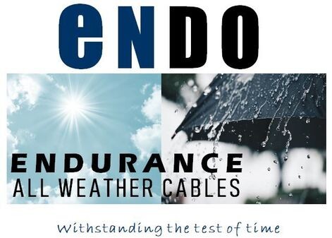 Endo All Weather invisible grille Cables endurance banner with sun and rain imagery, "Withstanding the test of time