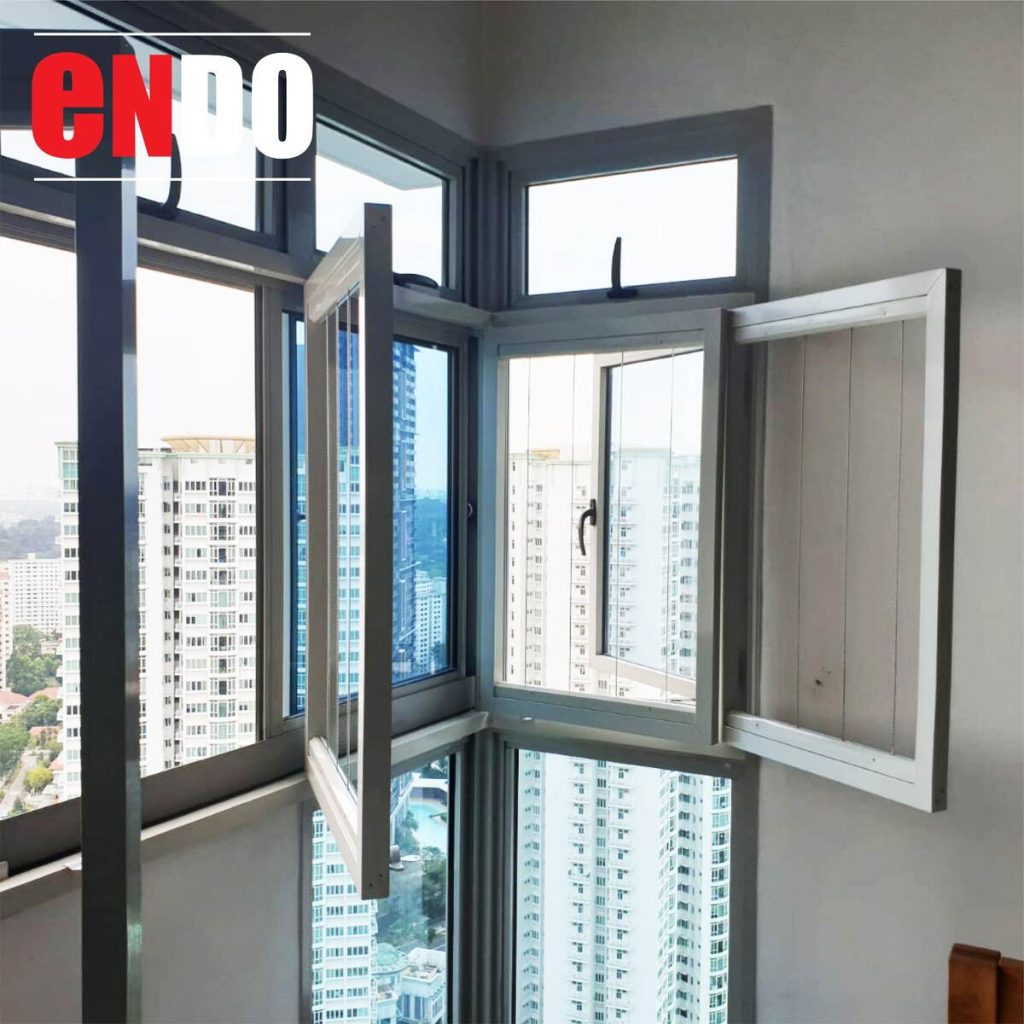 Casement swing invisible grille installed on corner windows, high-rise view