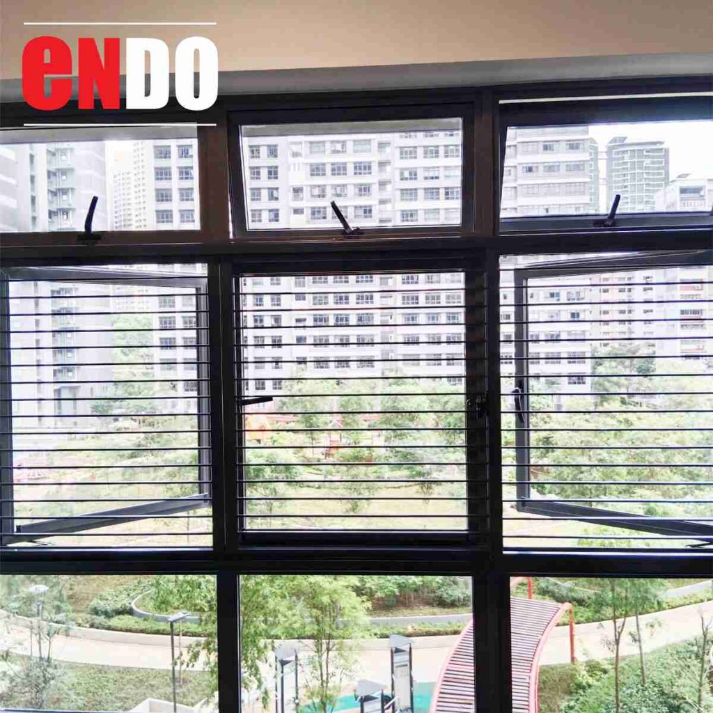 Sleek steel security grille on casement window with city view
