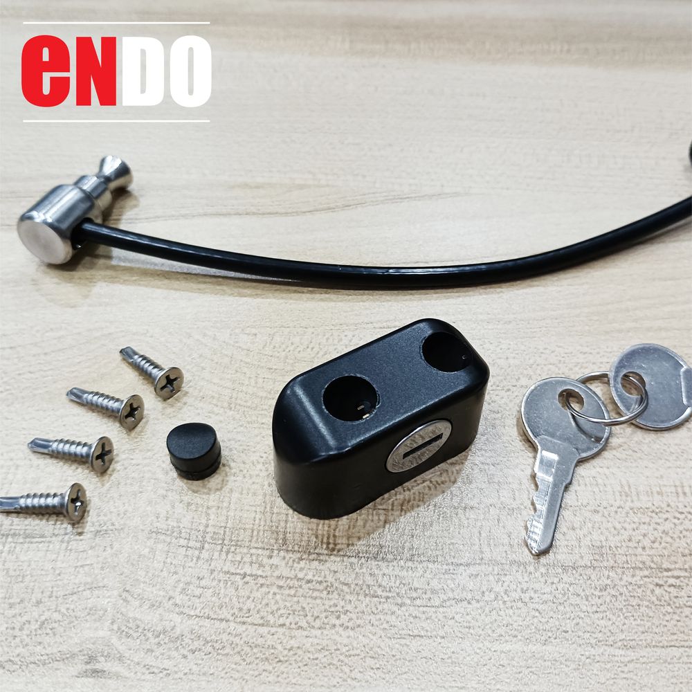 Ezi Lock V2 window restrictor components including cable, screws, and keys