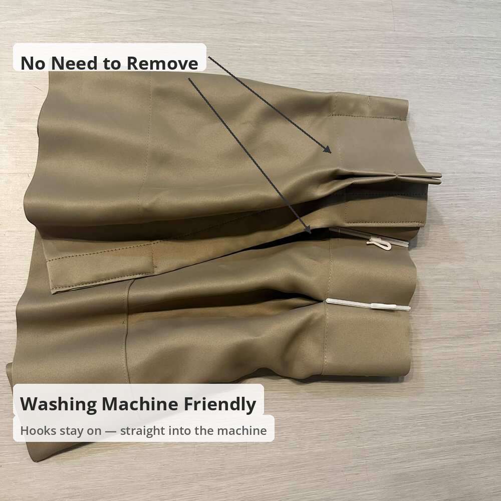 Ezi Wash curtain close-up showing hooks that stay attached for machine washing — no need to remove before washing