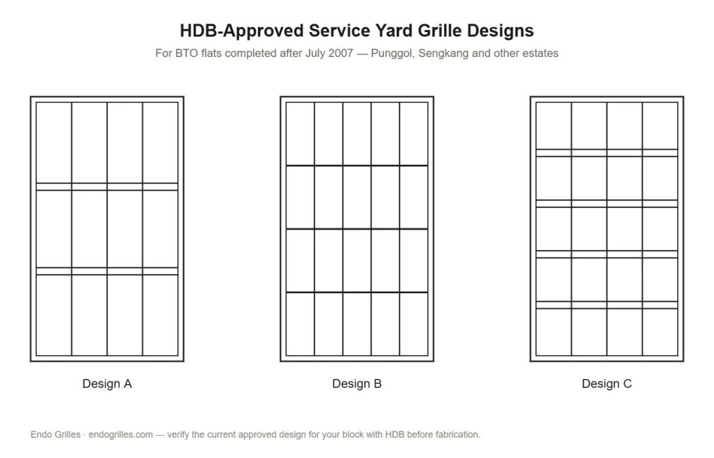 Diagram comparing three HDB-approved service yard grille designs