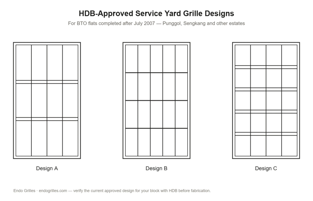 Three HDB-approved aluminium grille designs for BTO service yard windows