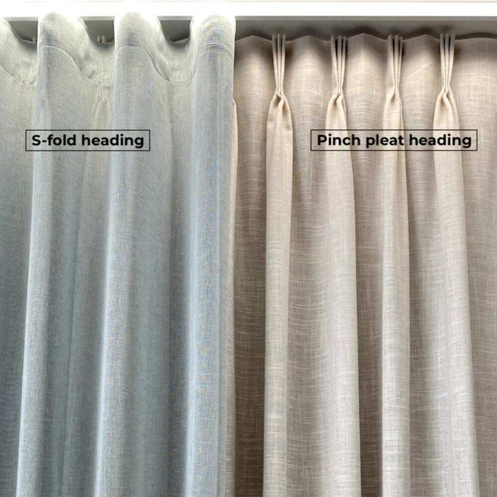 Side-by-side comparison of S Fold heading versus pinch pleat heading on the same curtain track
