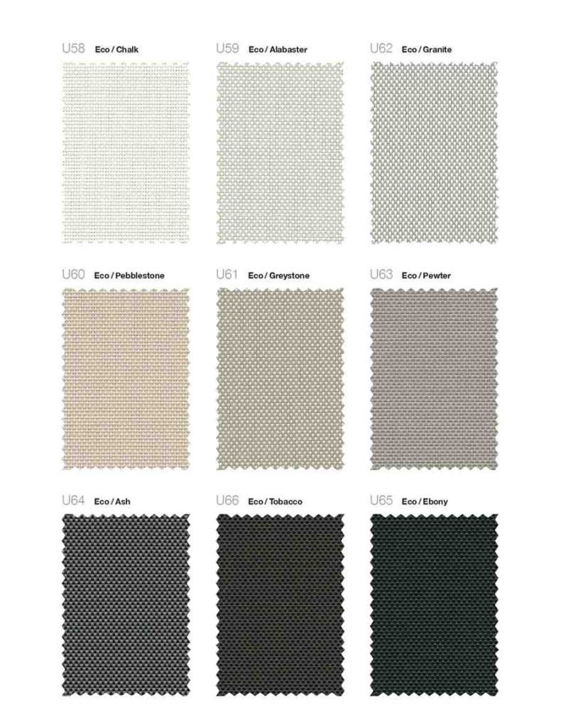 heerWeave Eco fabric color swatch chart showing nine colors: Chalk, Alabaster, Granite, Pebblestone, Greystone, Pewter, Ash, Tobacco, and Ebony