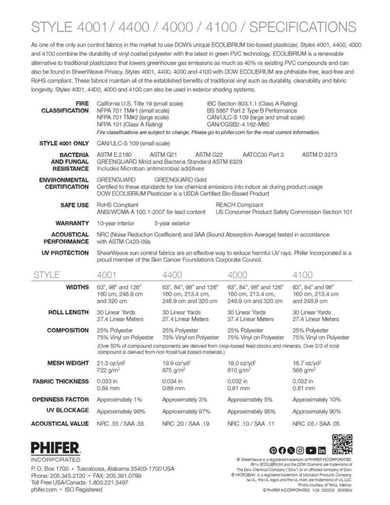 Dow Ecolibrium value proposition page listing solar optical properties and SHGC values by color for SheerWeave Styles 4001, 4400, 4000 and 4100