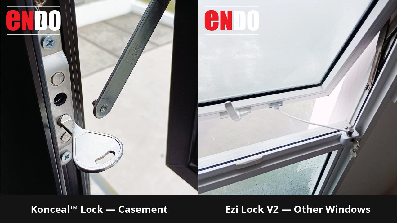 Konceal Lock and Ezi Lock V2 window restrictors compared, installed on casement windows in Singapore