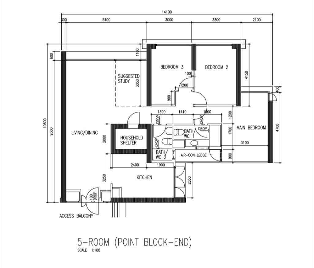 HDB 5-room point block-end floor plan showing bedroom, kitchen and living room dimensions for grille and blinds measurement